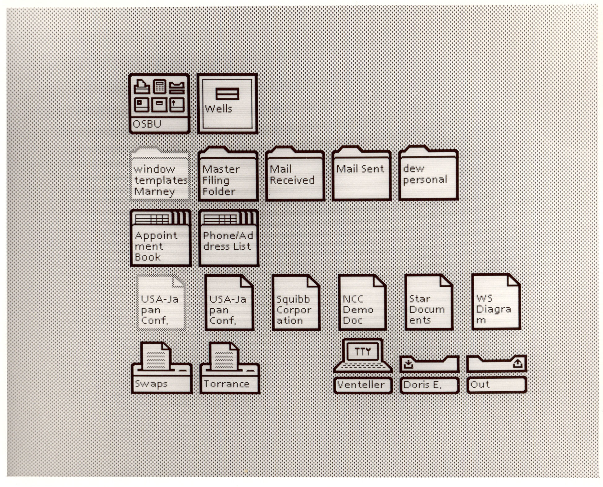 Оригинальный набор desktop icons Xerox Star: документы, папки, корзина, printer и другие офисные объекты.