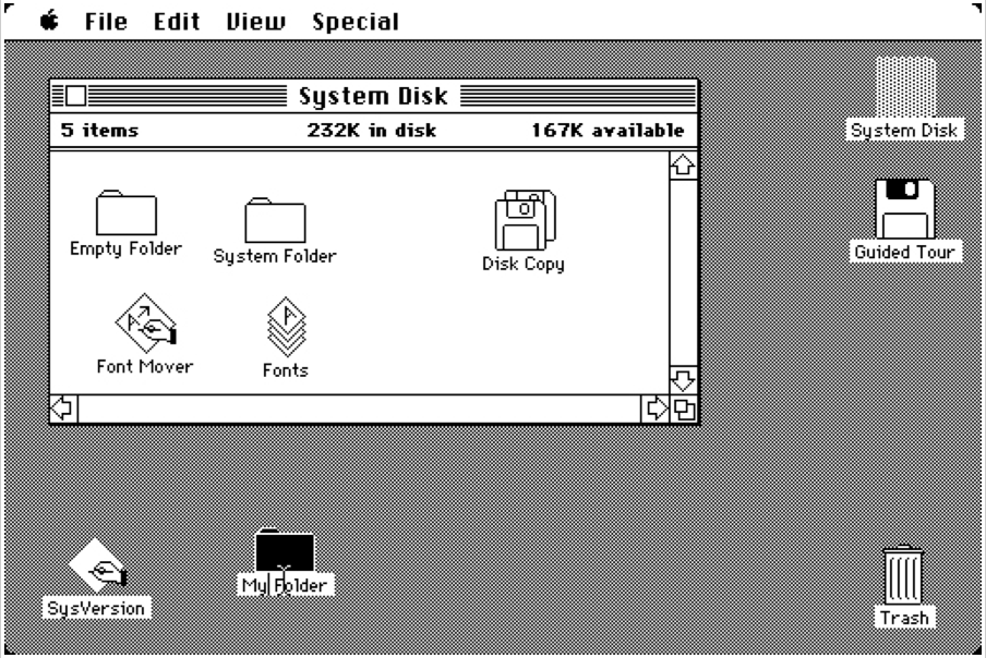 Macintosh System 1.0: окна, иконки, меню и корзина вместо запоминаемых команд.