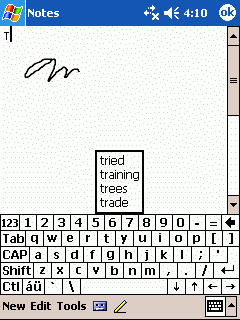 Pocket PC 2003: вертикальная полоса прокрутки, маленький OK, меню и desktop-style controls.