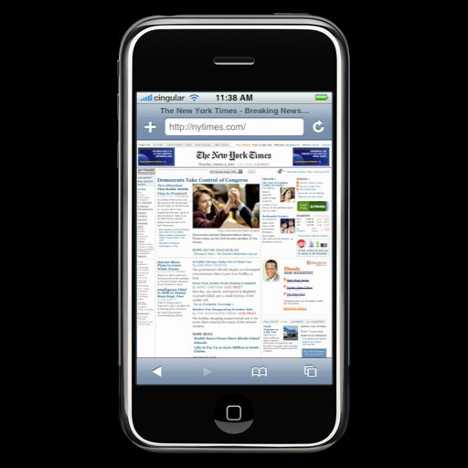 Safari показывает полную desktop-страницу New York Times целиком — текст сначала слишком мелкий.