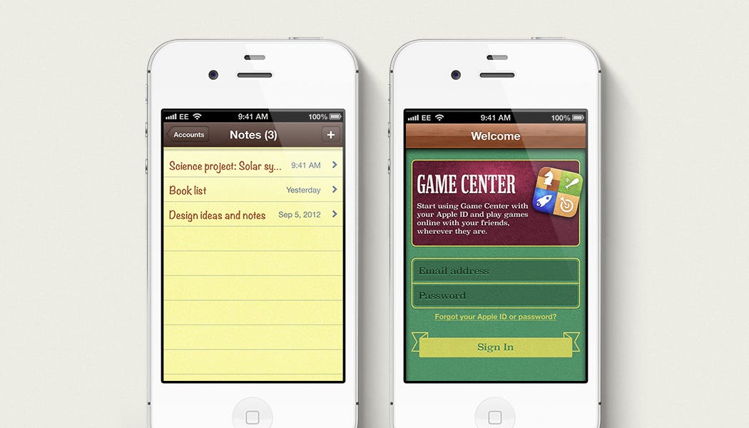 Notes и Game Center используют бумагу, дерево, ткань и физические метафоры как знакомые affordances.