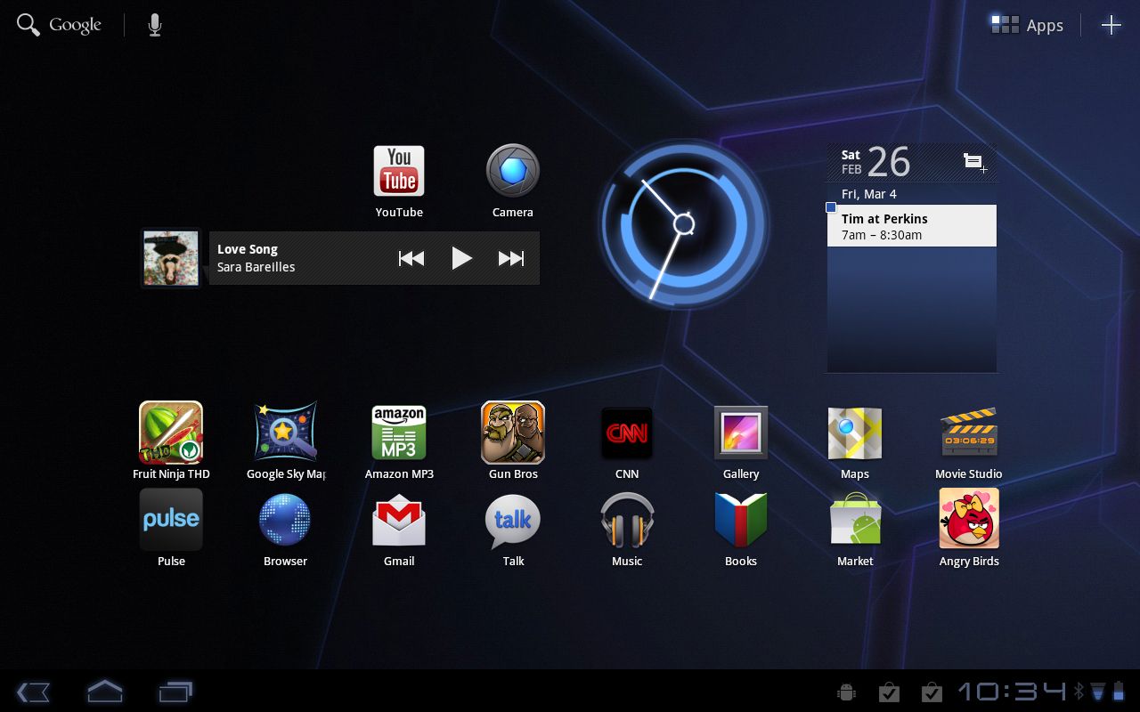 Honeycomb home screen: внизу постоянно живут software Back, Home, Recent и системный status bar.