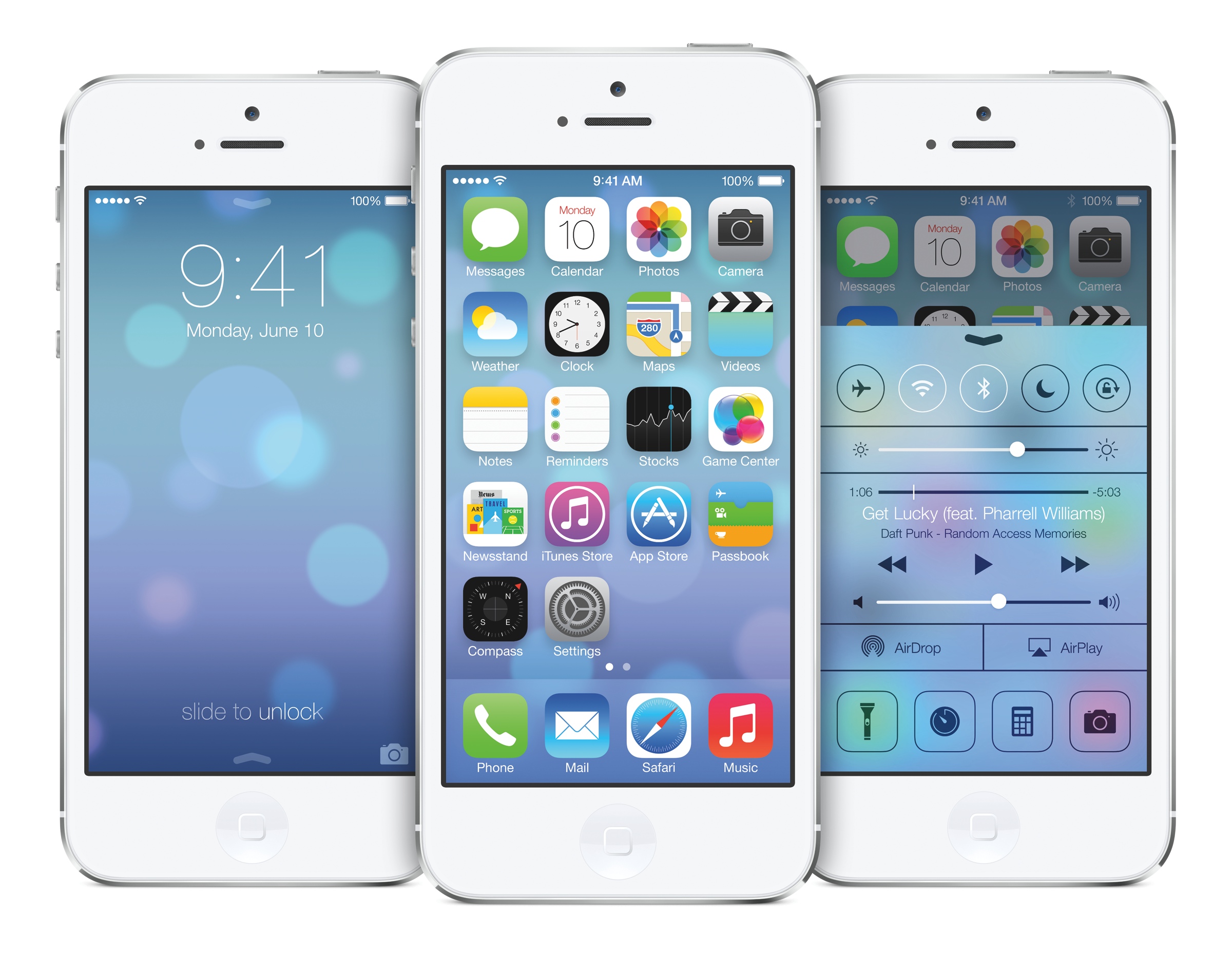 iOS 7 home screen: меньше literal textures, тоньше typography, яркие flat icons и глубина через layers.