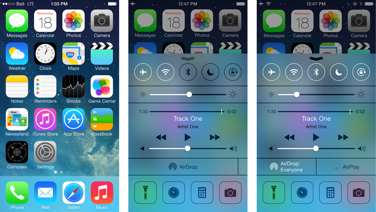 Control Center iOS 7: translucent layer показывает, что depth теперь создаётся blur и motion, а не кожей и деревом.