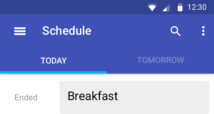 Экран Google I/O 2014 app: Action Bar, tabs, типографика и layered surface складываются в Material hierarchy.