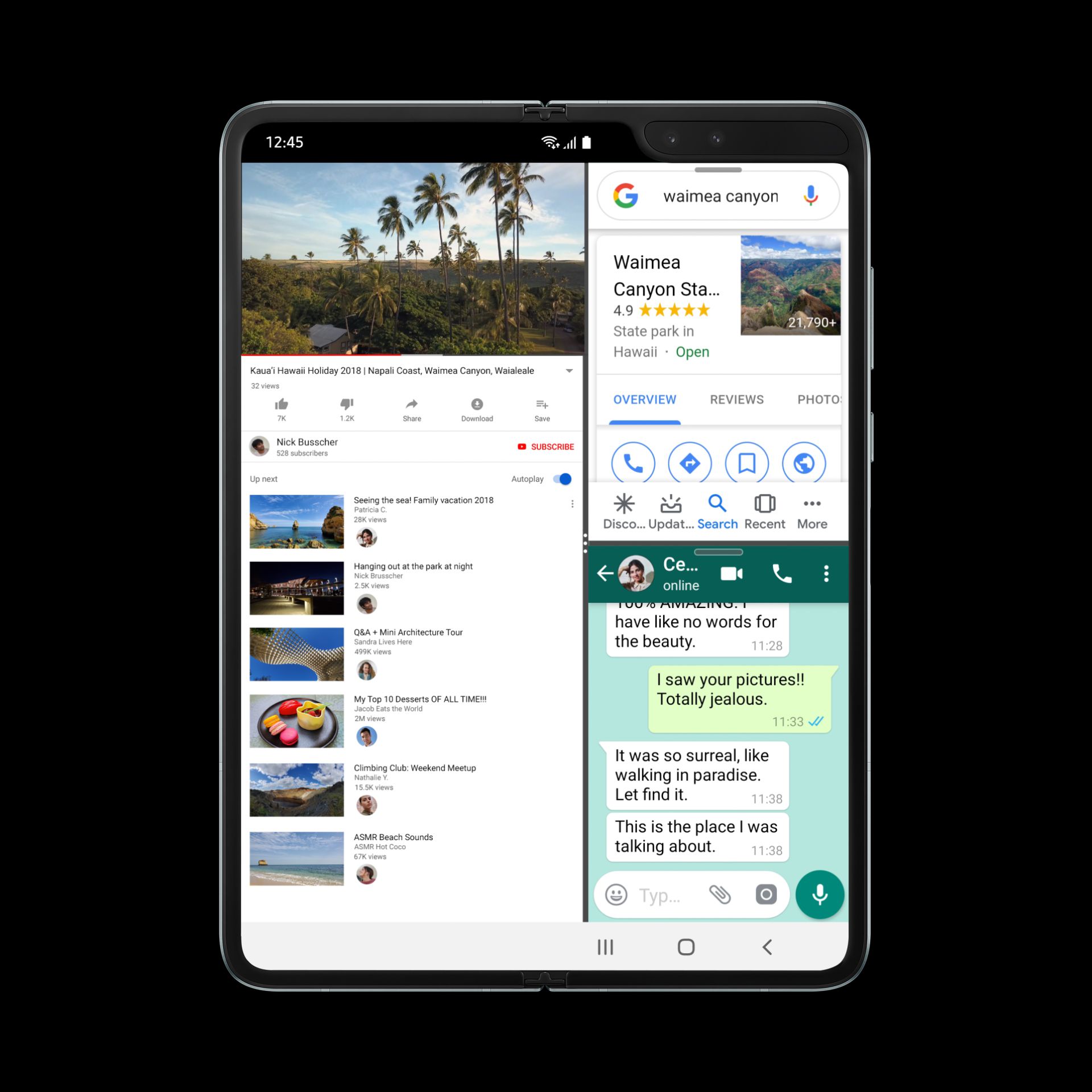 Развёрнутый Galaxy Fold показывает три приложения одновременно: новый экран требует новой композиции и multi-window.