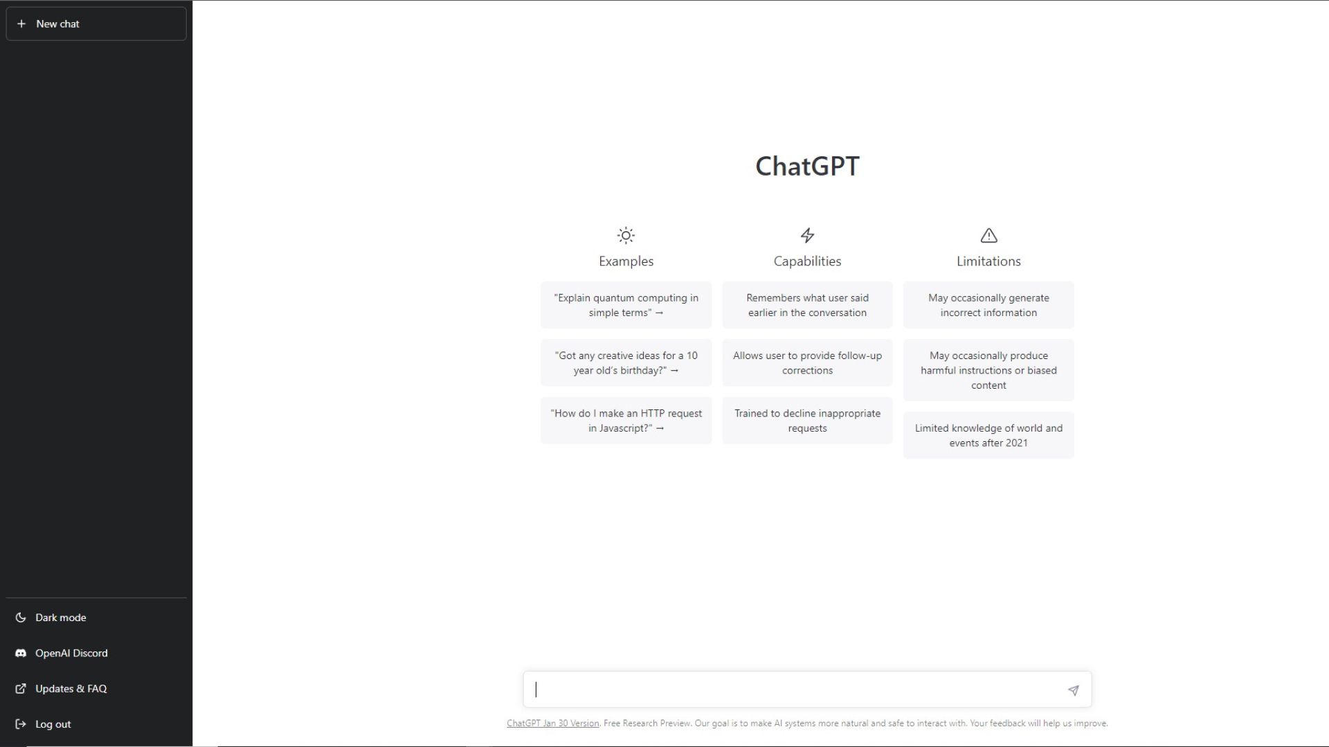 Ранний web-интерфейс ChatGPT: один text field заменяет поиск нужной команды, меню или функции.