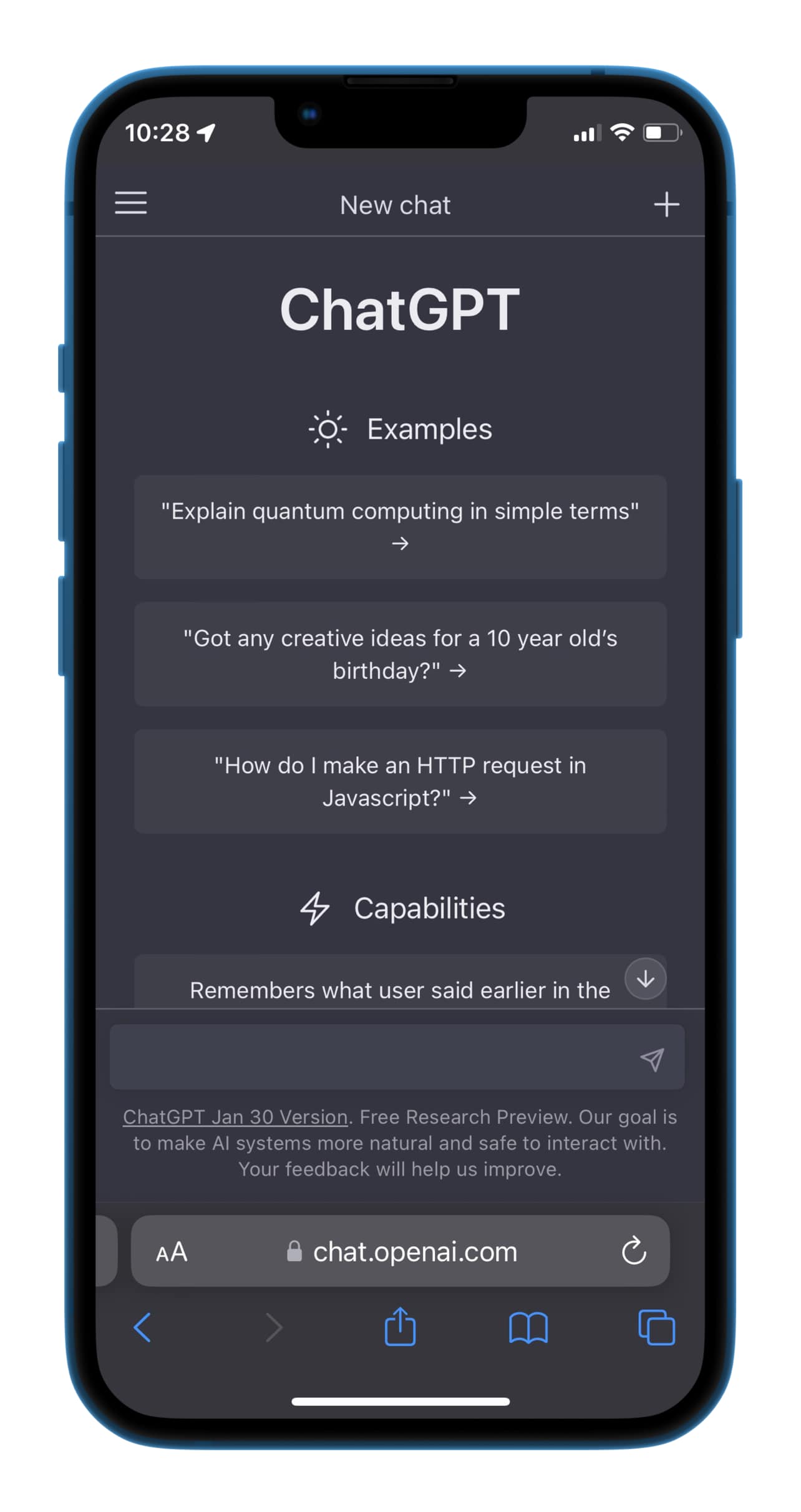 Стартовый экран раннего ChatGPT с Examples, Capabilities и Limitations — onboarding новой conversational mental model.