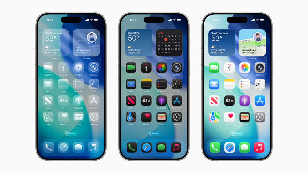 iOS 26 home screen: Liquid Glass меняет icons, widgets и controls, сохраняя видимость контента под ними.