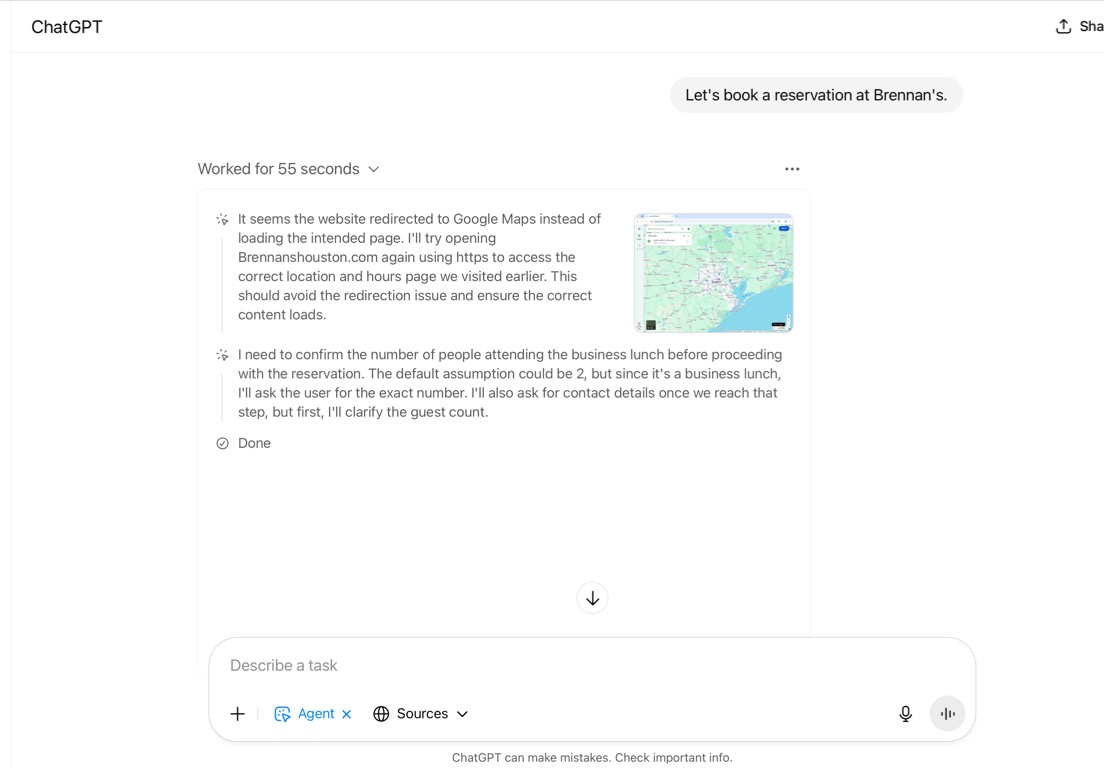 ChatGPT agent сам работает с Google Maps в virtual browser: интерфейс становится сценой действий агента, а не только пользователя.
